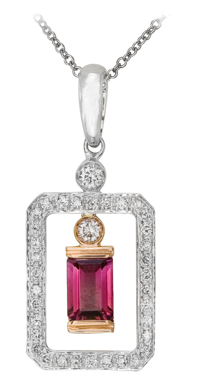 Diamond Pendant, .27 Carat Diamonds .33 Carat Pink Tourmaline on 14K White & Rose Gold