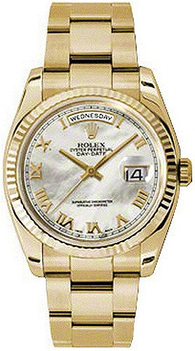 Rolex Day-Date 36 Mother of Pearl Roman Numeral Oyster Bracelet Watch 118238