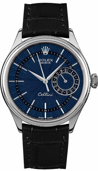 Rolex Cellini Date Blue Dial Black Leather Strap Men's Watch 50519-0013