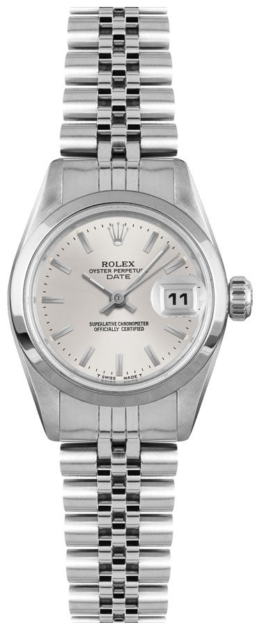 Rolex Oyster Perpetual Date 26 Silver Dial Smooth Bezel Women's Watch 69160